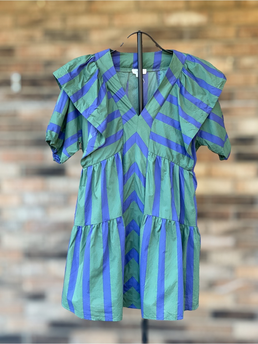 Entro Green Blue Striped Ruffle Collar Tiered Mini Dress Large
